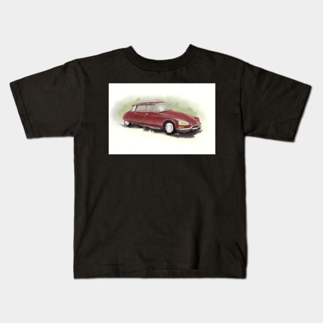 Classic Citroën DS2 Painting in Burgundy Red Kids T-Shirt by ibadishi